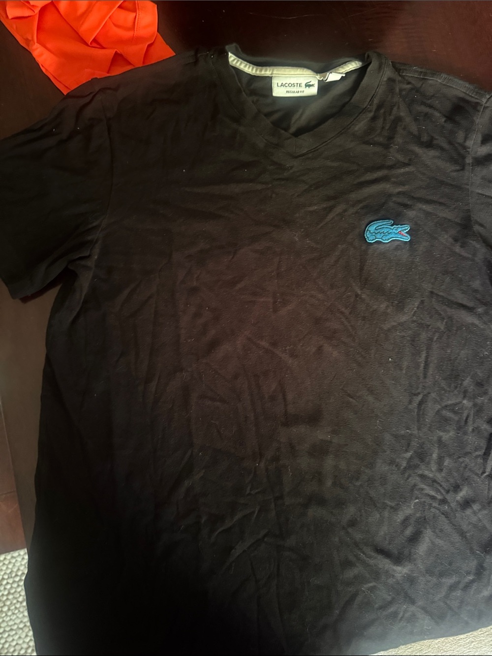 Lacoste Black V-Neck Short Sleeve Tee with Blue Crocodile. Size Medium or Fr 4